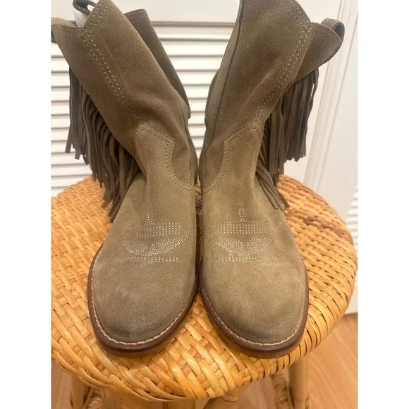 Zadig Voltaire Suede Fringe Western Boots Taupe Ankle Booties Size 39 - Picture 6 of 8